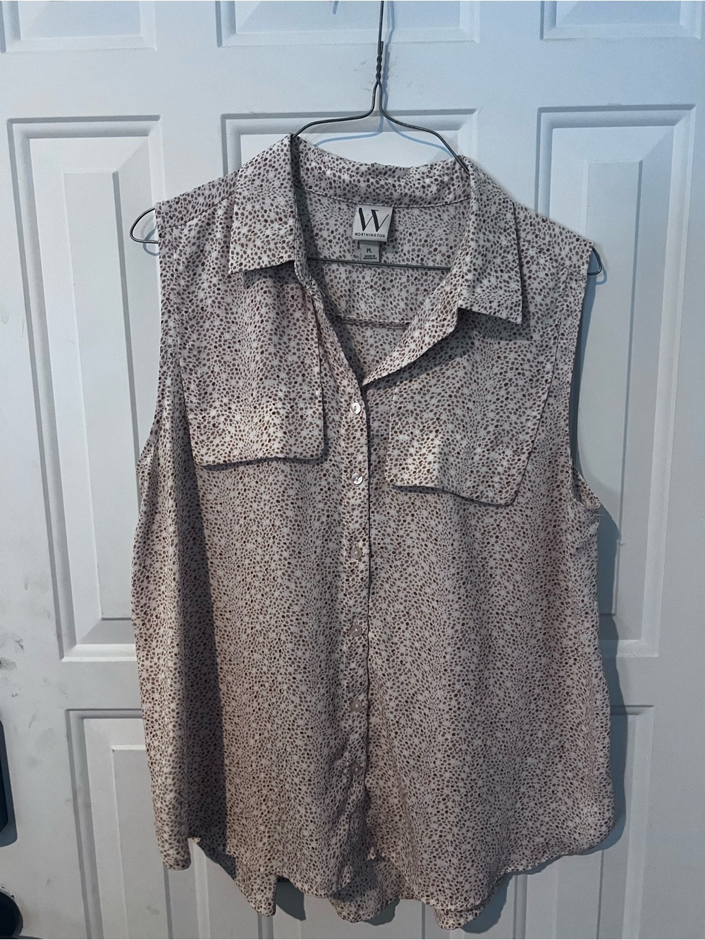 Worthington Sleeveless Button-Front Blouse in Beige with Brown Dot Print